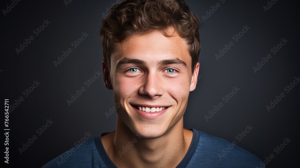 Fototapeta premium A young man with a blue shirt is smiling and looking at the camera