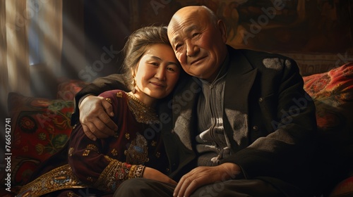 A man and woman are sitting on a couch, with the woman wearing a necklace