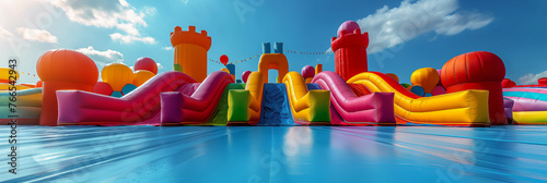 Colorful and bright bounce house water slide outside. Colorful bouncy castle slide for children playground.