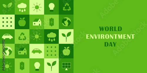 World Environment Day web template illustration with modern eco geometric nature mosaic. Green abstract geometry shape symbol background for online earth holiday or internet landing page