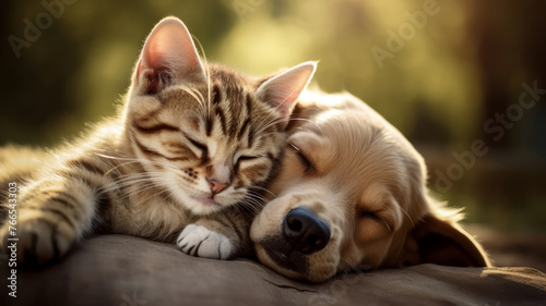 As true friends, a sweet dog and a sweet cat enjoy peace and relaxation