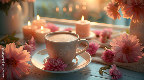 Coffee Serenity. A cup of coffee on a windowsill, surrounded by pink flowers and illuminated by candles; outside the window, a serene evening landscape.
