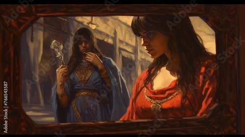 A woman in a red dress is looking at a woman in a blue dress