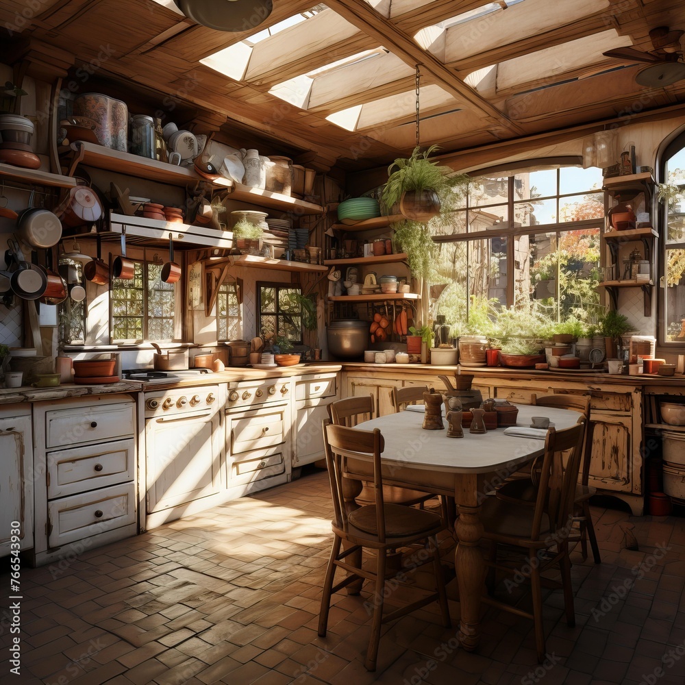Cozy Rustic Kitchen with Sunlit Windows, Lush Plants, and Wooden Furnishings