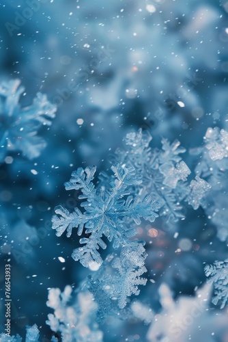 Blue Sparkling Winter Wonderland Background, Snow, Snowflakes, Bokeh, Vertical Christmas Illustration.  Generative AI.  © Carl & Heidi