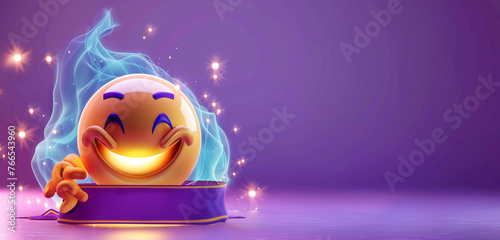 An emoji with a crystal ball and mystic aura, representing divination or mystery, on a purple background with photo