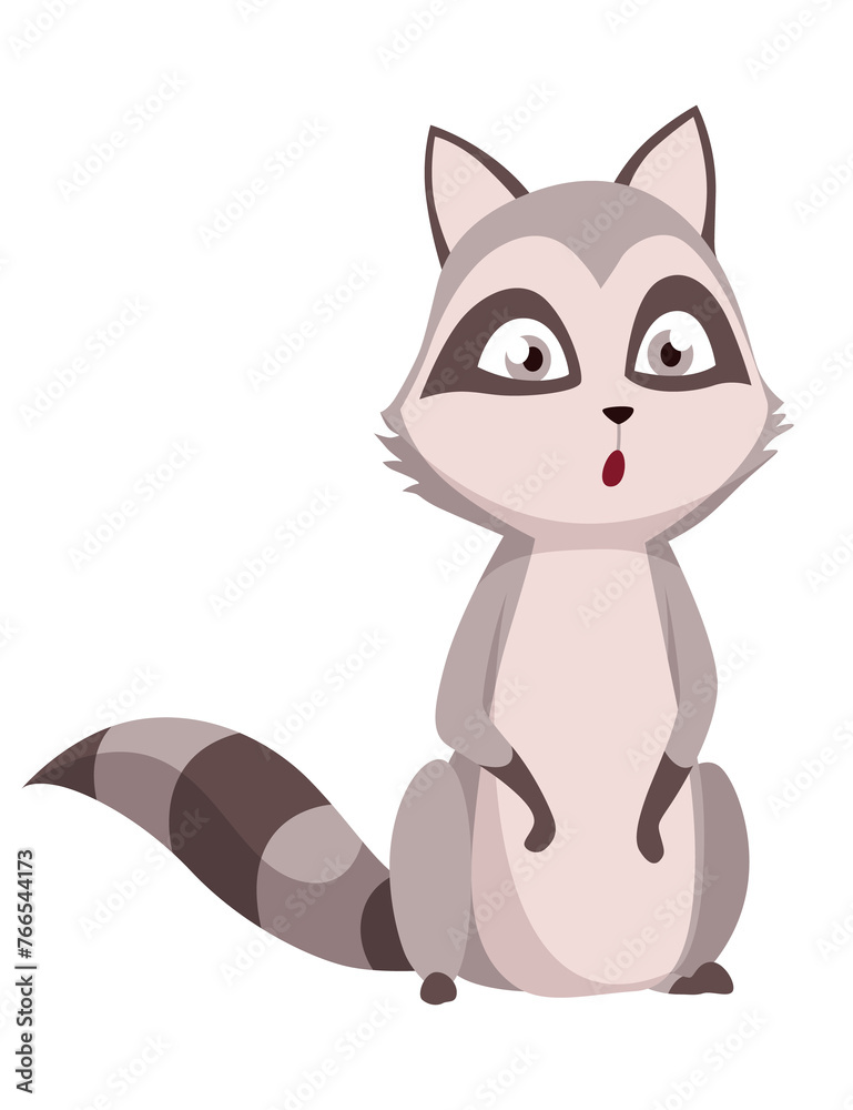 Obraz premium Raccoon character emotion. Funny wild coon pose or cute mammal animal, cartoon . Character emoji design isolated on white background
