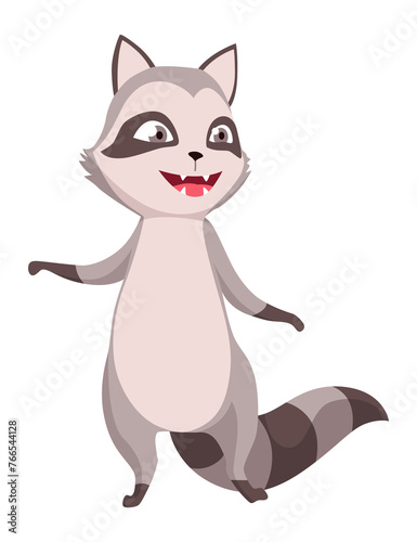 Raccoon character emotion. Funny wild coon pose or cute mammal animal, cartoon . Character emoji design isolated on white background