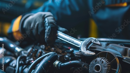 Close-up of mechanic's gloved hand with wrench working on car engine. Auto repair and mechanical service concept