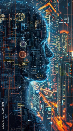 Futuristic human profile with holographic data overlay against an urban skyline backdrop.