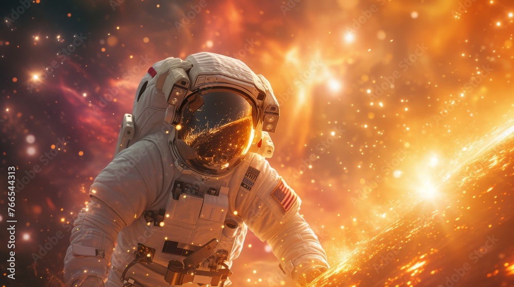 An astronaut in a space suit reaches out against a backdrop of a fiery cosmic explosion, capturing a moment of human exploration in the vastness of space
