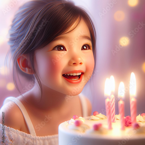 Happy Asian little girl on the background of a cake with candles. Holiday. Birthday