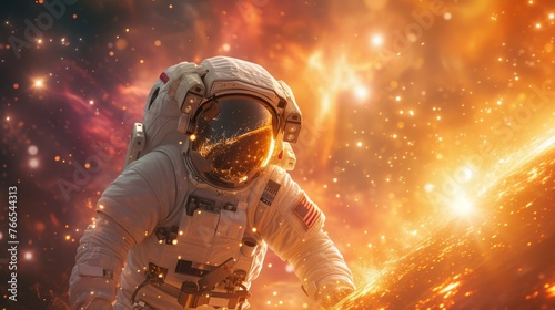 Obraz na płótnie An astronaut in a space suit reaches out against a backdrop of a fiery cosmic explosion, capturing a moment of human exploration in the vastness of space w salonie