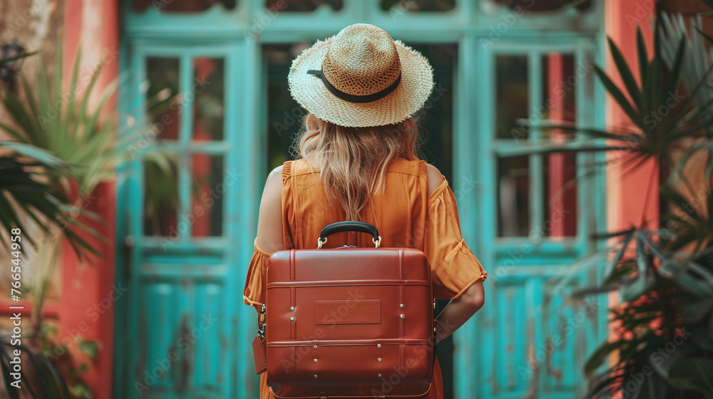 Photo of girl with backpack who travels. Back view. Tourism and travel concept