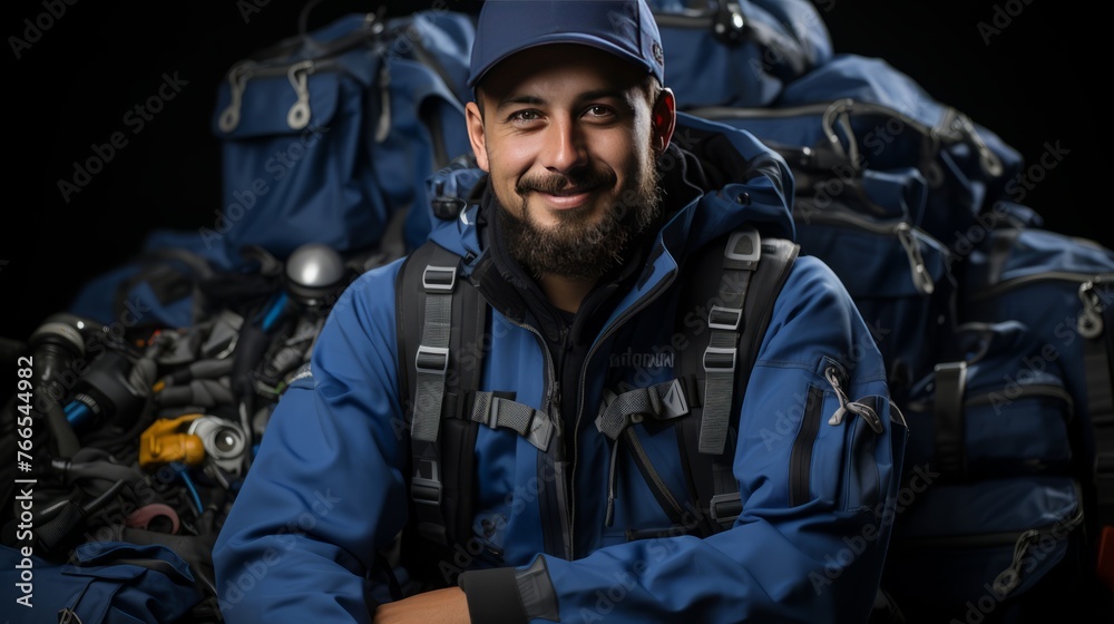 A man in a blue uniform is sitting on a pile of tools A man in a blue uniform is sitting on a pile of tools