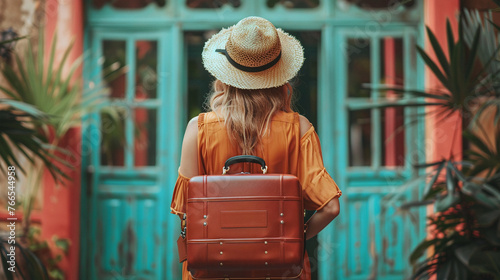 Photo of girl with backpack who travels. Back view. Tourism and travel concept