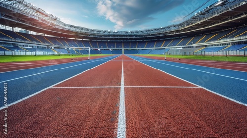 Running tracks in a stadium with blue seats and soccer goal. Concept of sports competitions and outdoor athletic events