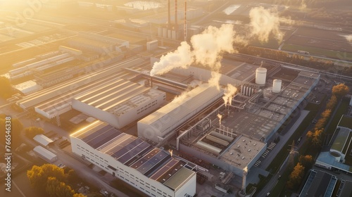 Industrial complex in golden hour light. Concept for manufacturing, logistics, and sustainable technology