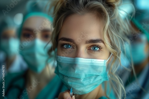 Close up of a woman with azure eyes wearing a surgical mask