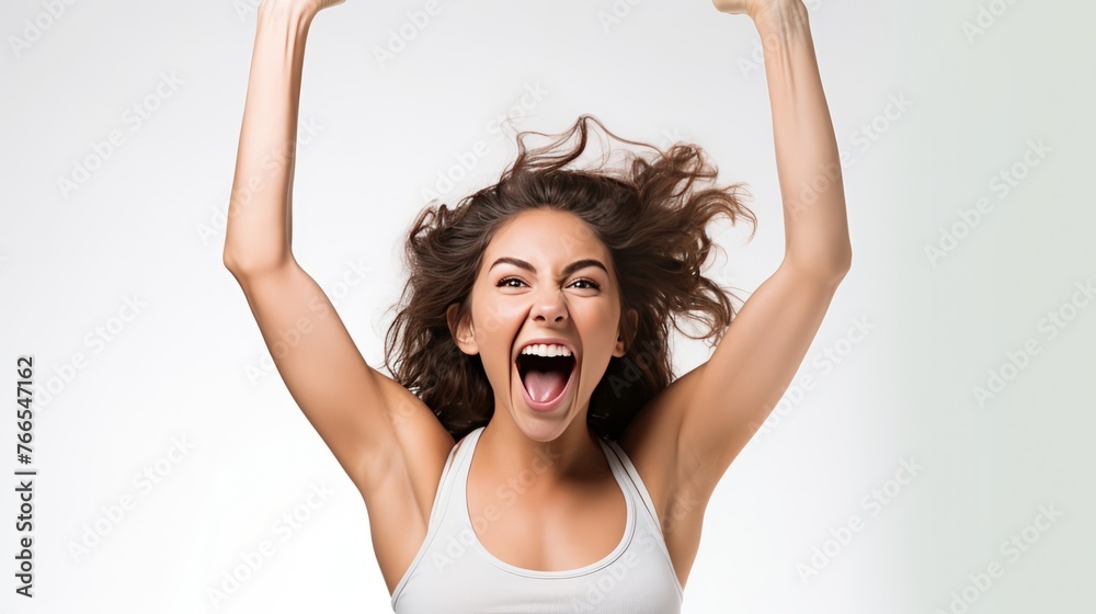 A woman with a big smile on her face is wearing a leather jacket A woman with a big smile on her face is wearing a leather jacket