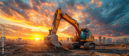 An excavator stands on a construction site with a vibrant sunrise and city skyline in the backdrop