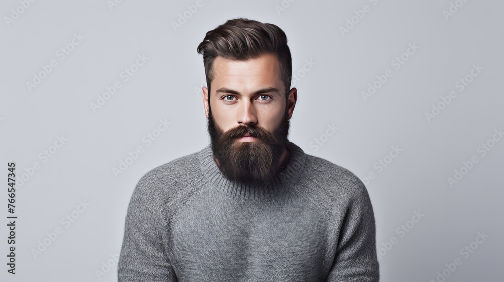 A man with a beard and a gray sweater is looking at the camera
