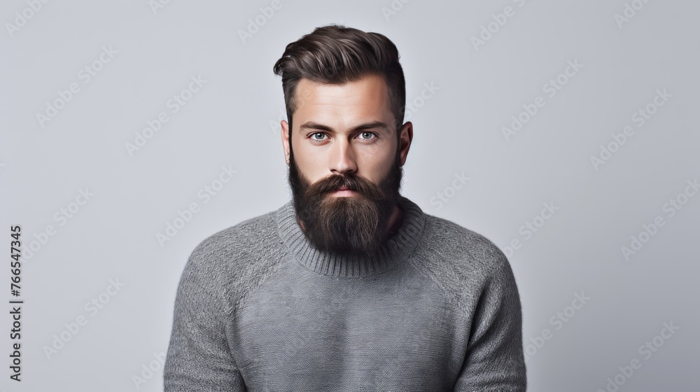 A man with a beard and a gray sweater is looking at the camera A man with a beard and a gray sweater is looking at the camera