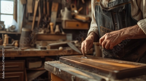 A man wearing a hat is skillfully crafting a piece of hardwood in his workshop, creating a beautiful art piece. AIG41