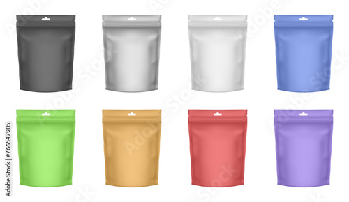 Zip Package. Flexible doy pack. Black, silver, white, orange, green, purple, blue and red foil bags. Plastic sachet pouch for coffee, candy, shack or nuts. Zipper food bag. Doypack