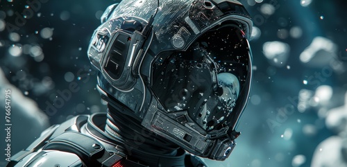 Close-up of astronaut helmet with water droplets and reflection of space. High detail digital art with space exploration concept.