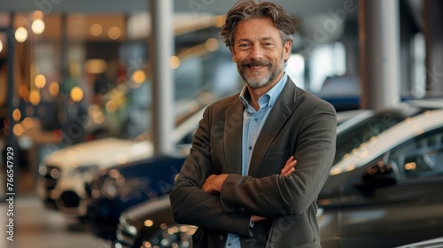 Confident businessman standing with arms crossed in a luxury car showroom. Professional portrait with automotive sales concept © ANStudio