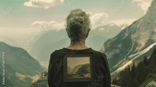 A senior widow is seen holding a photo of her deceased husband in a panoramic view. photo
