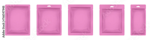 Pink paper sachet or pouch. Vector bags mockup, wet wipes paper or foil packs. Cosmetics samples. Moisturizing sheet face mask