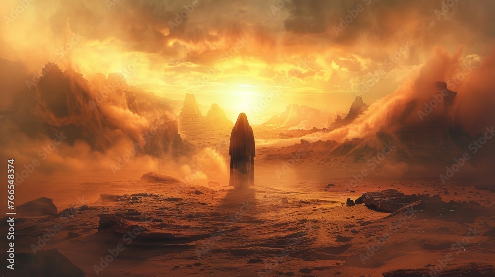 Futuristic landscape with cloaked figure facing a sandstorm at sunset. Sci-fi and exploration concept. - obrazy, fototapety, plakaty 