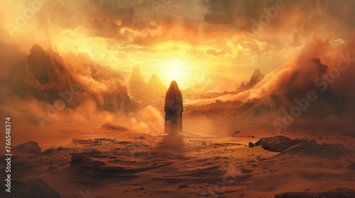 Futuristic landscape with cloaked figure facing a sandstorm at sunset. Sci-fi and exploration concept.