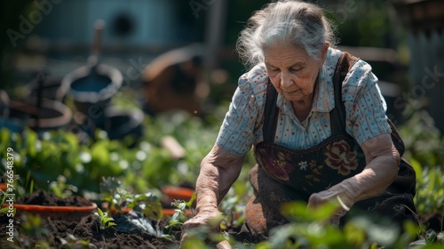 Elderly lady tending to garden plants. Outdoor activity and retirement concept.