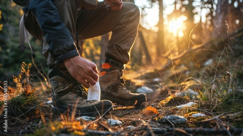 Hiker tying shoelaces on hiking boots in forest at sunset. Outdoor adventure and trekking concept with copy space