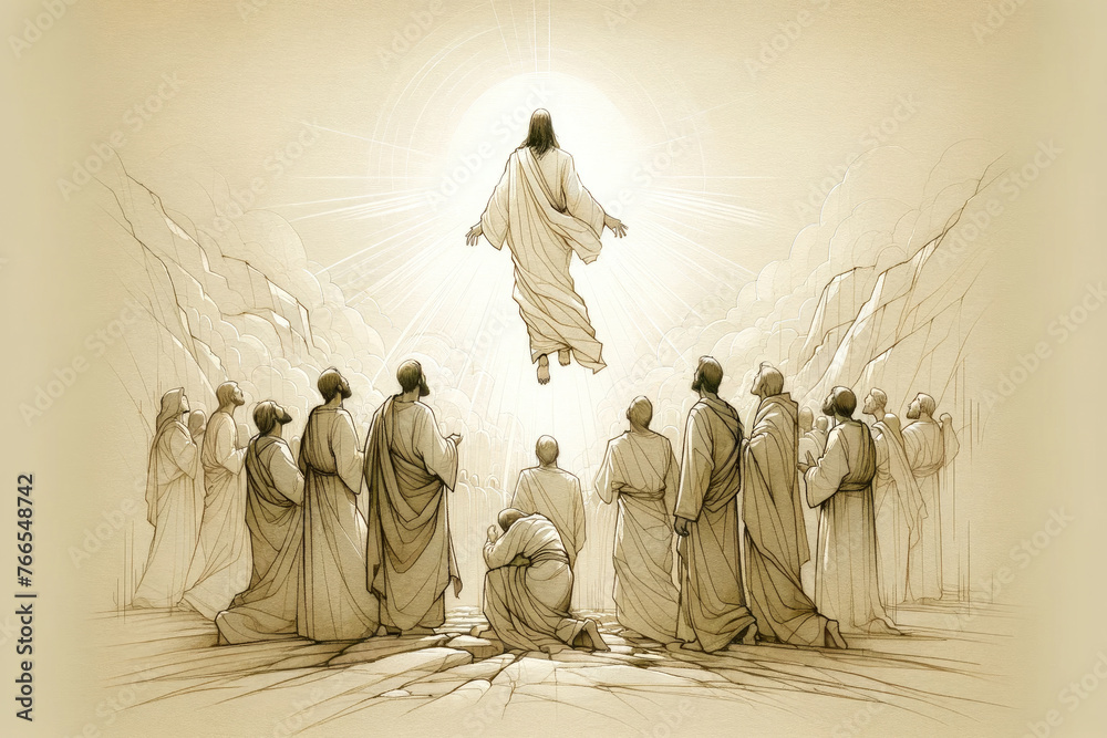 The Ascension of Jesus. Jesus ascending to Heaven after his resurrection. Digital illustration. - obrazy, fototapety, plakaty 
