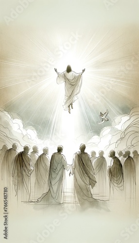 The Ascension of Jesus. Jesus ascending to Heaven after his resurrection. Digital illustration. © Faith Stock