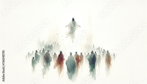 The Ascension of Jesus. Jesus ascending to Heaven after his resurrection. Digital watercolor painting.