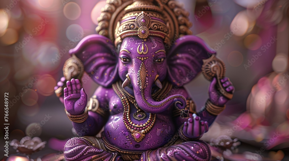 3D mini whimsical lord Ganesha, purple and gold, warm light-
