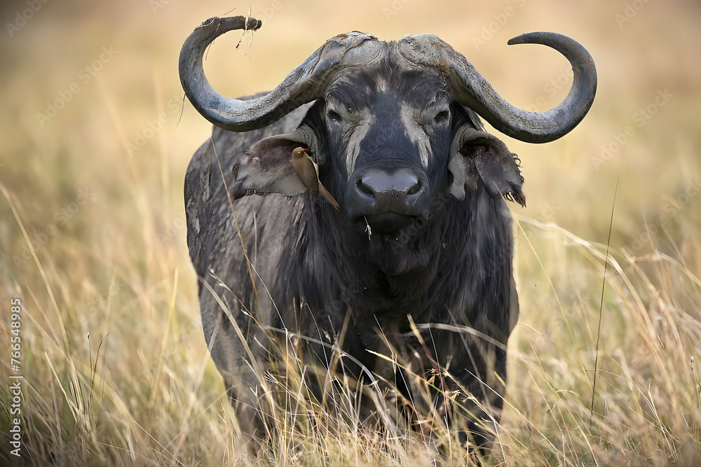 Fototapeta premium An African buffalo with two horns walks in thick yellow grass.(not made by ai)