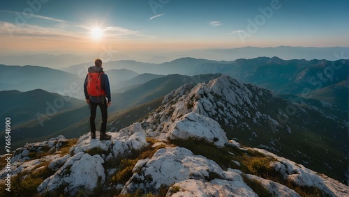 A man stands on a cliff with a backpack and a backpack on it, The mountaineer standing on the top of the Alancic mountin in the Velebit mountain range enjoying the view, Croatia,Ai Generated 