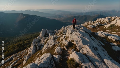 A man stands on a cliff with a backpack and a backpack on it, The mountaineer standing on the top of the Alancic mountin in the Velebit mountain range enjoying the view, Croatia,Ai Generated 