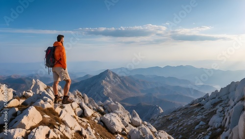 A man stands on a cliff with a backpack and a backpack on it, The mountaineer standing on the top of the Alancic mountin in the Velebit mountain range enjoying the view, Croatia,Ai Generated 