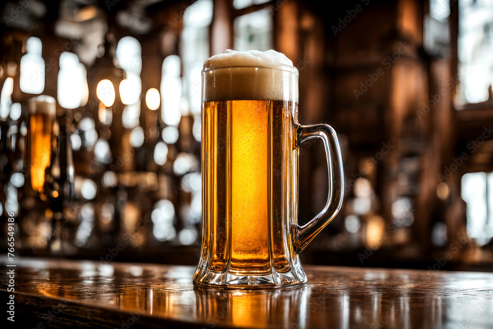 Beer mug on the bar of a brewery in close-up