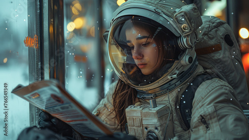 Astronaut at bus stop captivates student.generative ai