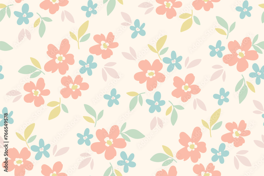 Seamless floral pattern, delicate liberty ditsy print in a spring motif. Cute botanical design: small hand drawn flowers, tiny leaves, pastel color bouquets on a white background. Vector illustration.