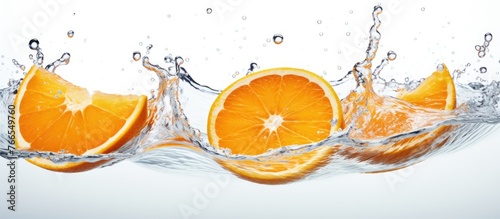 Orange citrus slices are falling and creating splashy ripples in clear water