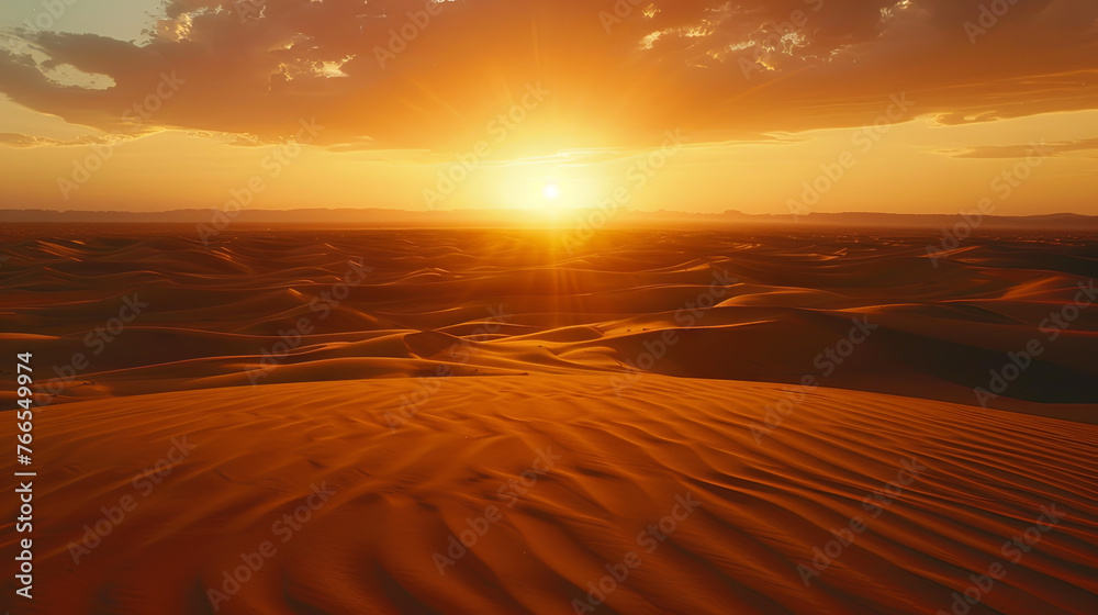 A breathtaking desert scenery at sunset, where the sun casts radiant rays of light across the sandy landscape